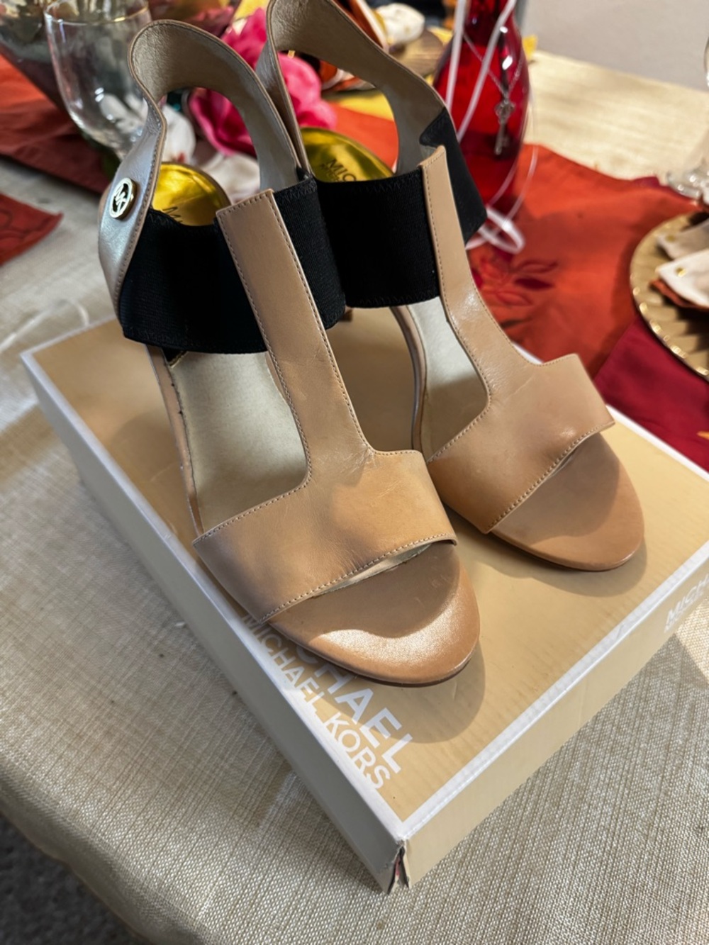 Michael Kors Taupe and Black T-Strap Slingback Heels